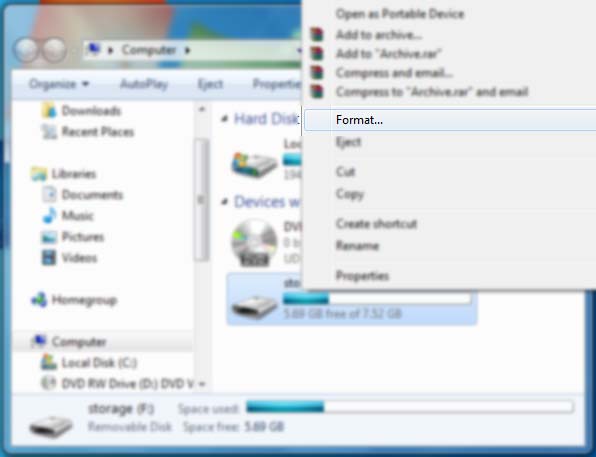 windows format drive right click